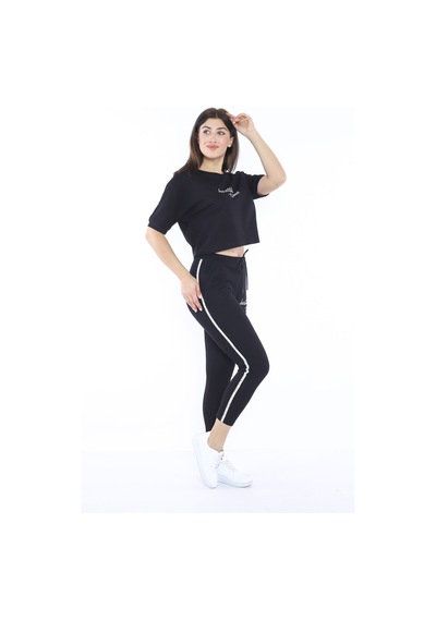 Kadın-Alt-Üst T-Shirt Takım, Rahat Kesim-3821 Siyah