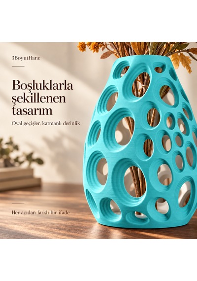 Dekoratif Vazo 20 Cm Oval Delikli Modern Tasarım Kuru Ve Yapay Çiçek Vazosu Camgöbeği