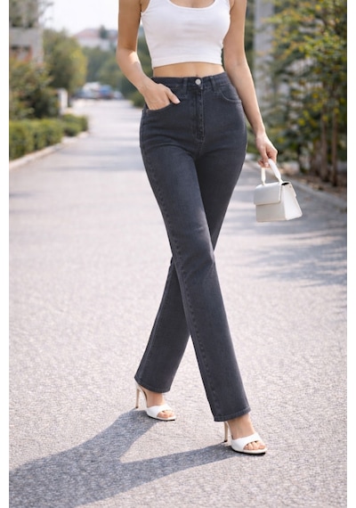 Cedy Denim Kadın Boru Paça Yüksek Bel Regular Fit Likralı Pantolon Gri Cedy Denim Kadın Boru Paça Yüksek Bel Regular Fit Likralı Pantolon Gri