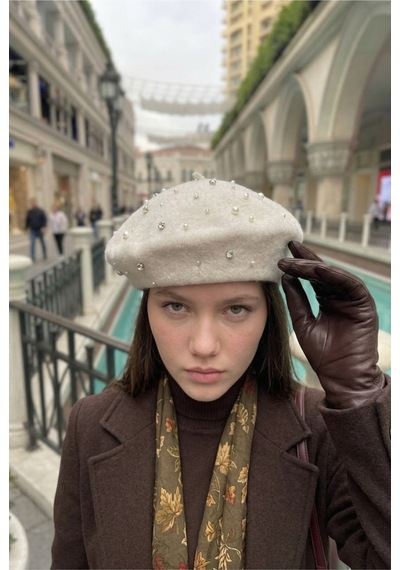 Mollycrush Kadın Ekru Pırlanta Taşlı Yün Ressam Bere Kışlık Şık Tasarım Fransız Tarzı Şapka Beyaz