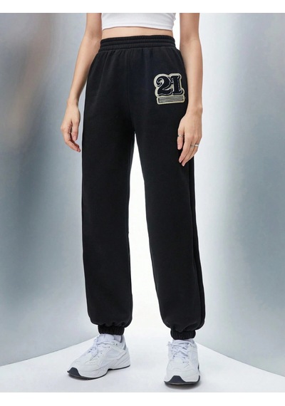 Qutie Letter Graphic Elastic Waist 4 Mevsim Eşofman Siyah