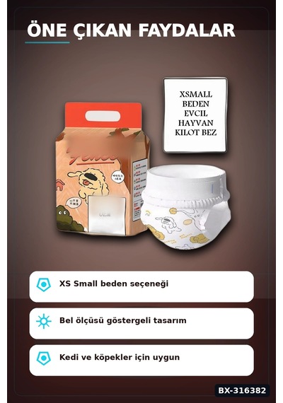 Kedi Köpek Külot Bezi Xs Beden 2-4 Kg Cırt Cırtlı Sızdırmaz Hasta Bezi Bx-316382 Çok Renkli