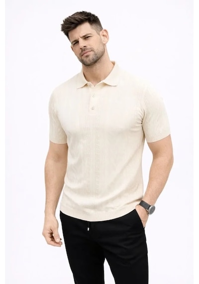 Modi Erkek Yazlık Triko Tişört Kısa Kol Polo Yaka Düğmeli T-shirt - Krem Açık Krem