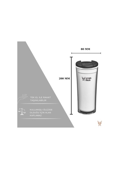 Star Mug 350 Ml Opak Seri - Beyaz Çift Katmanlı Mug - Piknik Kamp Outdoor Ofis Otel Kafe Okul Kampüs Beyaz
