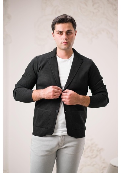 Regular Fit Sivri Yaka Torba Cepli Kendinden Çizgili Düğmeli Erkek Triko Hırka 001