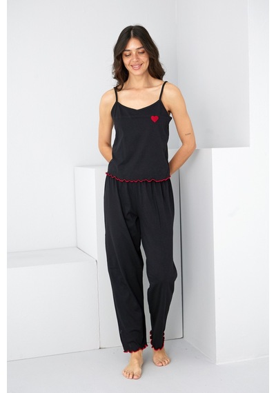 Siyah İnci İp Askılı Örme Pijama Takım 7883 Siyah