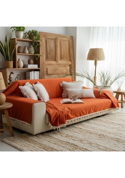 Premium Keten Tarçın Kahverengi Ponponlu Koltuk Örtüsü 170 X 220