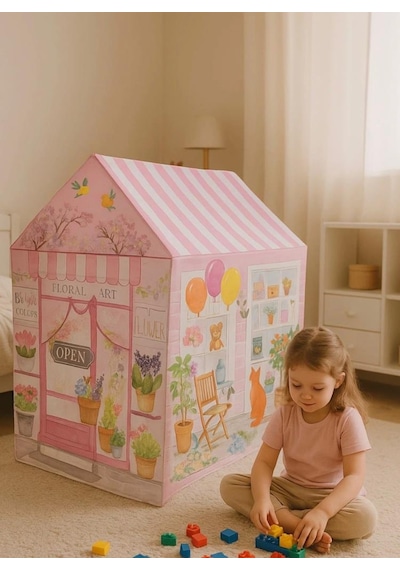 100x70 Cm Pembe Çiçekçi Dükkanı Temalı Kolay Kurulumlu Eğlenceli Çocuk Oyun Evi Çadırı Çok Renkli