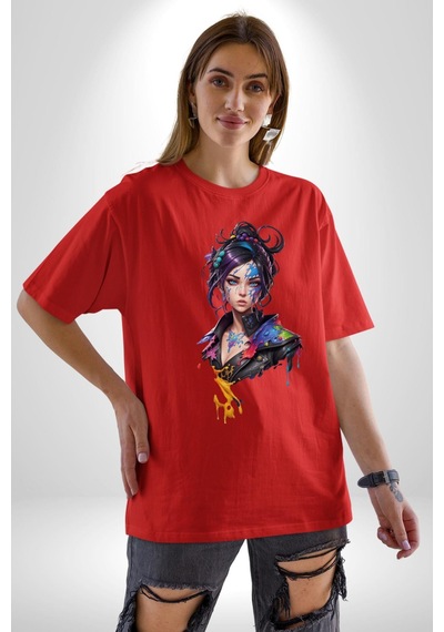 Süper Robot Kız Sulu Boya Pamuklu Bisiklet Yaka Unisex Oversize Boyfriend Dijital Baskılı Kırmızı T-shirt Kırmızı