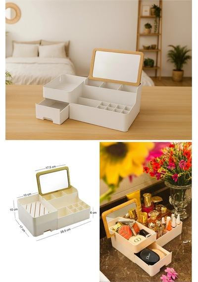 Makri Home Bambu Aynalı Kozmetik Takı Makyaj Organizer, 29 X 17,5 X 10 Cm, Portatif Bambu Aynalı Krem