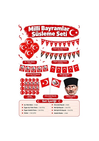 Milli Bayramlar Ay Yıldız Atatürk Süsleme Seti Flama, Balon, Bayrak, Sticker Ve Maske Seti Tüm Yaşlar