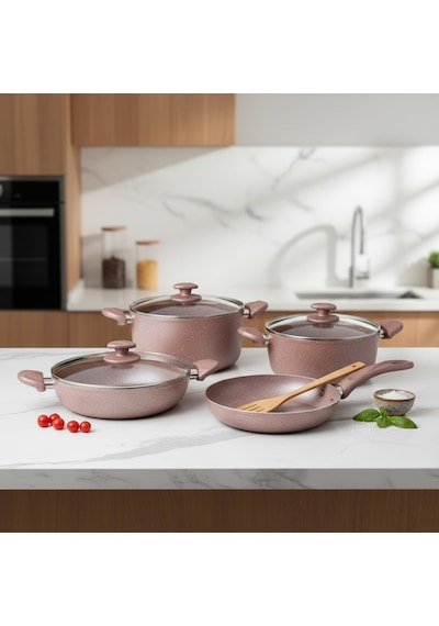 Argos 7 Parça Tencere Ve Tava Seti - Pembe Kırçıl Renkli Yanmaz Yapışmaz Çeyiz Paketi Cam Kapaklı 20/24/26 Cm T Diğer