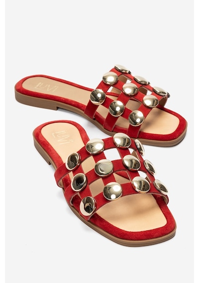 Luvi Shoes Bareon Kırmızı Süet Hakiki Deri Bantlı Altın Tokalı Kadın Terlik