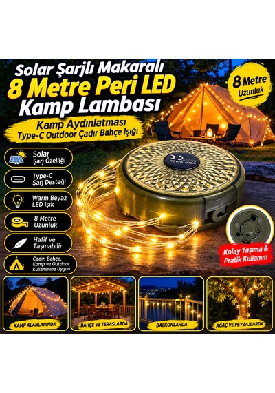 Solar Kamp Lambası 8 Metre Peri Led Işık Makaralı Type-c Şarjlı Bahçe Çadır Karavan Aydınlatması