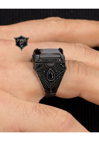 Kara Siyah Zirkon Taşlı 925 Ayar Gümüş Erkek Yüzüğü
