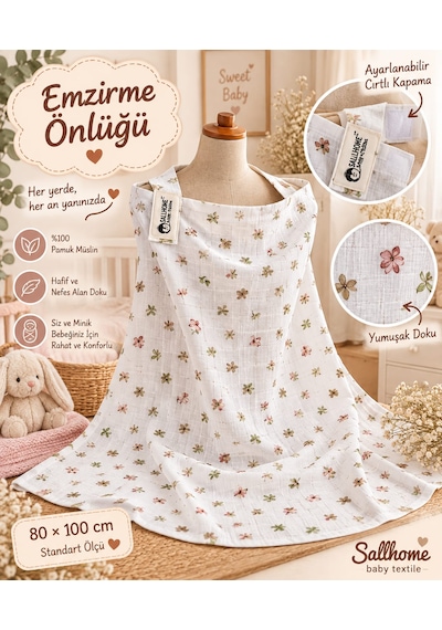Sallhome Baby Textile %100 Pamuk Müslin Çiçek Desenli Emzirme Önlüğü 80x100 CM Ayarlanabilir Cırtlı Kapama