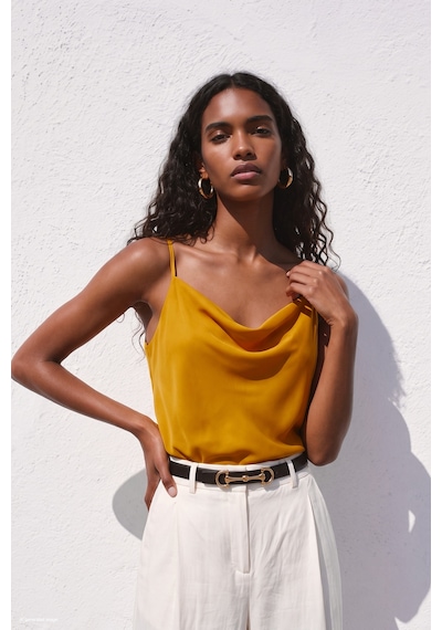 Sateen Askılı Degaje Yaka Bluz - Safran-137670