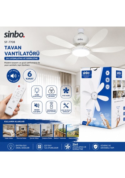 3 Led Aydınlatmalı - Sessiz Çalışma 6 Kanat - Kumanda Tavan Vantilatör Sf-7708 5492
