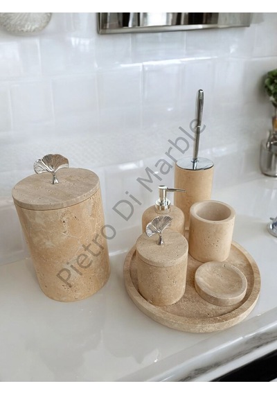 Sarı Traverten Klasik Model 7 Parça Gümüş Renk Japon Gülü Aksesuarlı Banyo Seti Sarı Traverten