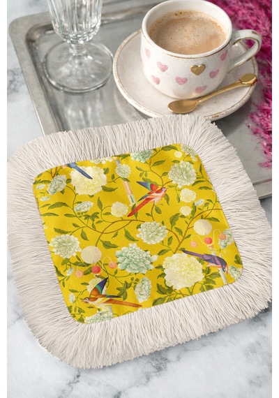 Çiçekli Kuşlu Saçaklı Sunum Peçetesi - Vintage Bahar Sarı Naturel Krem Bardak Altlığı Mendil Çok Renkli