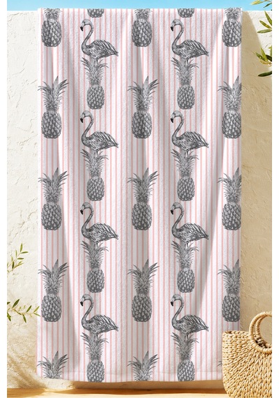 Flamingo Ananas Çizgili Plaj Havlusu - Tropikal Modern Pembe Marine Hızlı Kuruyan Mikrofiber Havlu Köpük Bahçe