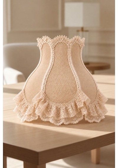 Kanaviçe Kumaş Kaplı Dantel Süslemeli Hasır El Yapımı Vintage Lambader Şapkası 45x40cm Açık Kahverengi