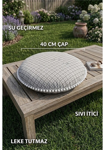 Sandalye Minderi Yuvarlak Gri Çiçek Desenli Ponponlu Leke Tutmaz Bahçe Sandalye Pufu 40cm Çok Renkli