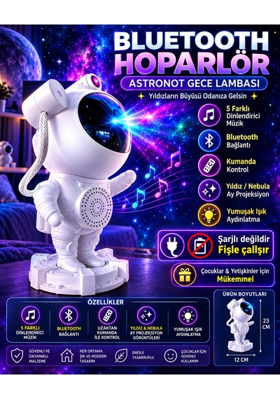 Astronot Yıldızlı Gökyüzü Projeksiyon Lambası Hoparlörlü Renkli Led Gece Lambası Dekoratif Işık Kumandalı Beyaz