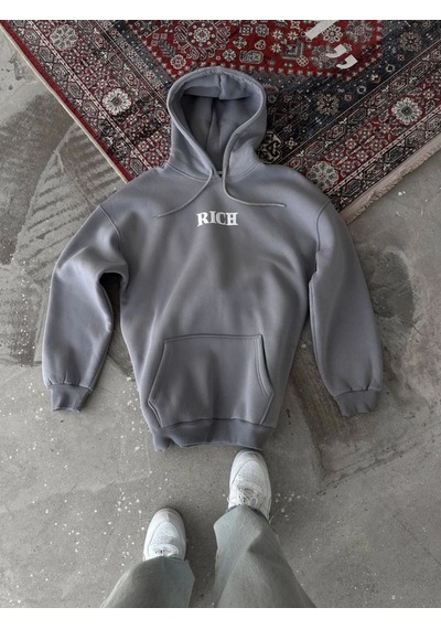 Mbb E-ticaret Kadın Kapüşonlu Kanguru Cepli Sweatshirt 3 İplik Pamuklu Baskılı Hoodie - Gri
