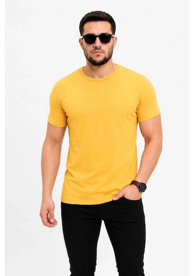 Erkek Basic Tişört Bisiklet Yaka Kısa Kol Günlük Yazlık Slim Fit T-shirt - Sarı