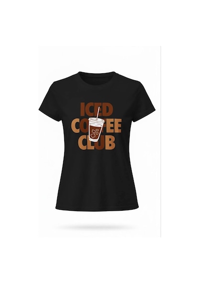Kadın Siyah Iced Coffee Baskılı Pamuklu Tişört Siyah