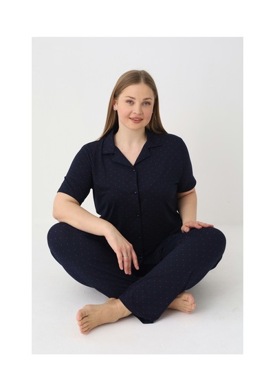 Estiva Kadın Lacivert Kısa Kollu Önden Düğmeli Soft Battal Pijama Takımı Çok renkli