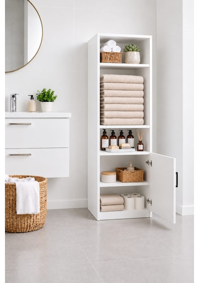 Rudu Duru Çok Amaçlı Banyo Dolabı Düzenleyici 45x34x156 Cm 1 Kapaklı 5 Raflı Beyaz