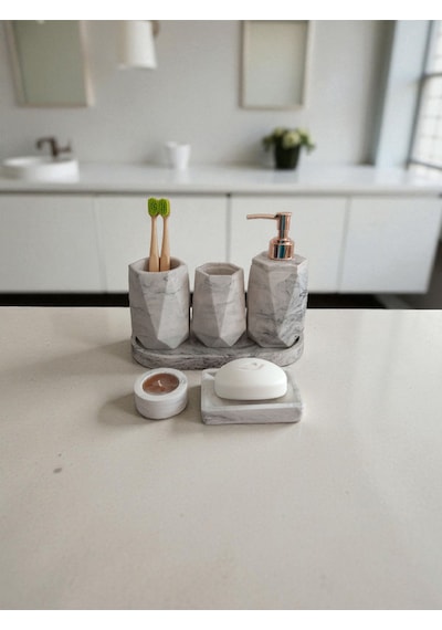Mermer Desenli Beton Banyo Seti,sıvı Sabunluk ,diş Fırçalığı,kulak Çubukluğu,katı Sabunluk Ve Mumlukkk Gri