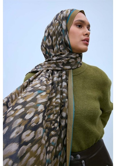 Silk Home Eco Viscose Şal Kına Yeşili Turkuaz Vizon Leopar Desenli Nefes Alan 90x200 Çok Renkli