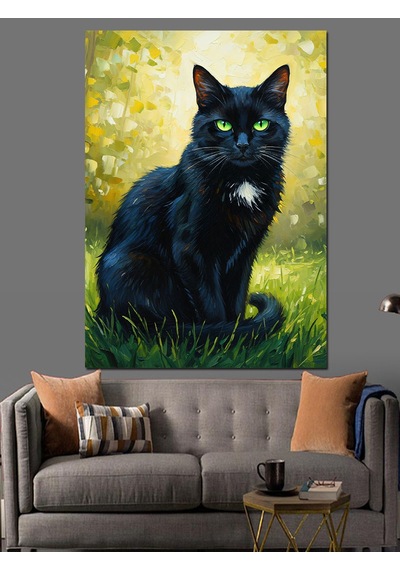 Karizma Tablo Siyah Kedi Yeşil Göz Dekoratif Kanvas - Mdf Ahşap Tablo