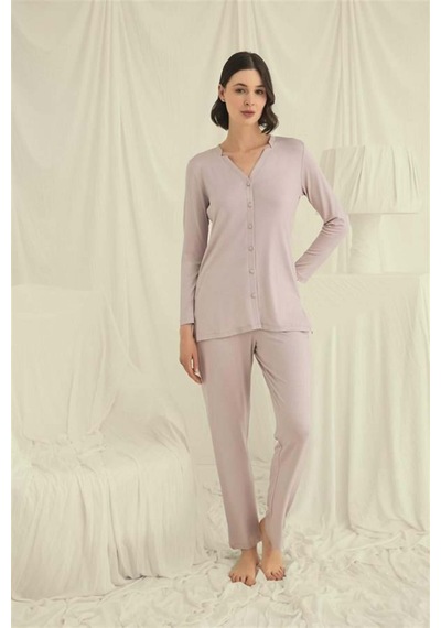 Lisinya Uzun Kollu Boydan Düğmeli V Yaka Pijama Takımı Vizon