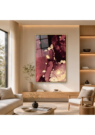 Bordo Siyah Altın Tozlu Soyut Gold Çerçeveli Cam Tablo