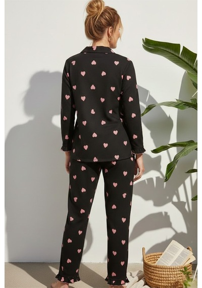 Siyah İnci Bürümcük-krınkıl Uzun Kollu Düğmeli Pijama Takım 7993 Siyah Pembe Kalp