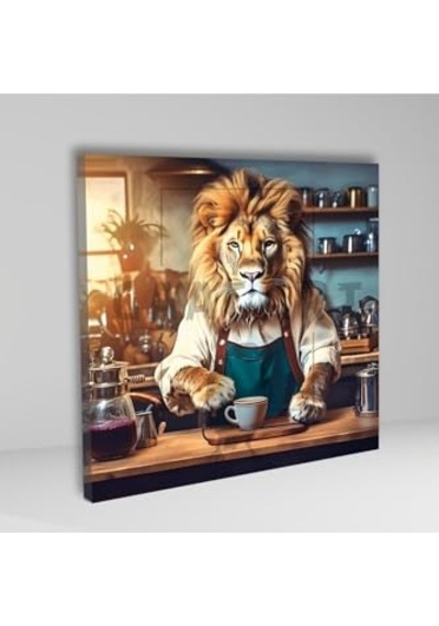 Kare Kanvas Kahve Köşesi Cafe Tablosu Barista Yeleli Aslan, 40 X 40 -