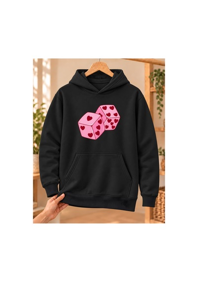 Mor Mürekkep Kadın %100 Pamuk 3 İplik Şardonlu Kalpli Pembe Zarlar Baskılı Kapüşonlu Sweatshirt Siyah