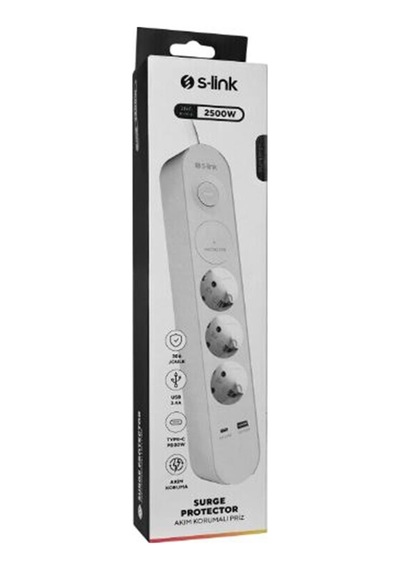 S-link Spg3-pd20 Pd20w H05vv-f 3g1.0mm, 1.5m 3 Lü 306 J Akım Korumalı Beyaz + Gri Priz 0