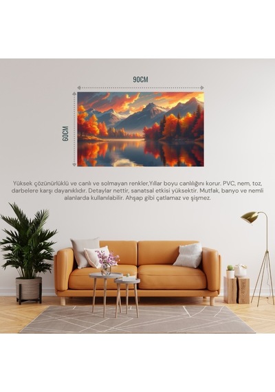 Doğa Ve Manzara Yatay Sakin Göl Sonbahar Tonları Gerçekçi Derinliğe Sahip 07 Çerçevesiz 90x60cm Pvc Tablo