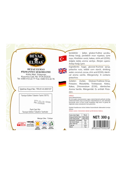 Beyaz Elmas Çifte Kavrulmuş Lokum 300 Gr - Antep Fıstıklı Türk Lokumu - Hindistan Cevizli Premium Lokum