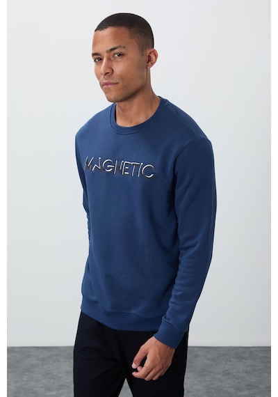 Tommy Life İndigo Yazı Nakışlı O Yaka Rahat Form İçi Polarlı Erkek Sweatshirt - 88020 Indıgo