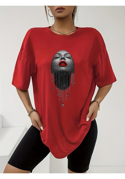 Uyguntarz Unisex Pırlantalı Kadın Portresi Tasarım Basklı Tshirt Kırmızı