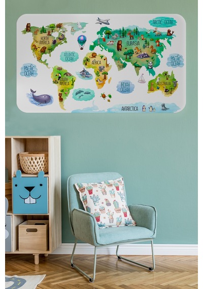 Eğitici Dünya Haritası Dünya Atlası Çocuk Ve Bebek Odası Duvar Sticker -60x105-3807 Çok Renkli