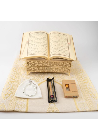 Kuran + Seccade + Tesbih + Takke + Esans + Misvak Hediye Seti Orta Boy, Raşel Cilt, Gold