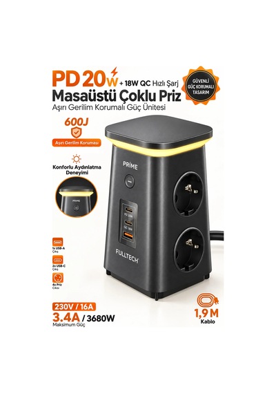 Exenar - Siyah - Akım Korumalı 4'lü Priz 20w Pd Hızlı Şarj Usb-a Ve 2x Usb-c Çıkışlı Katlanabilir Gece Lambalı Güç Ünitesi 1.9 M
