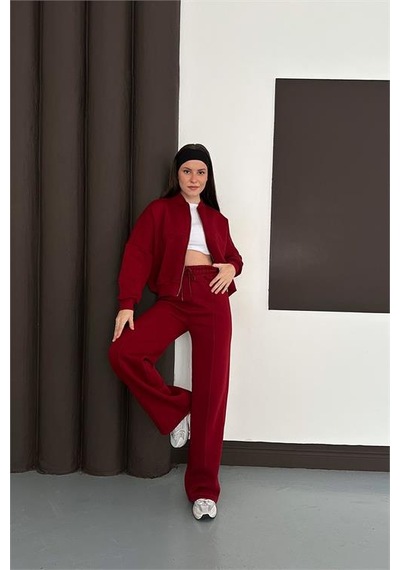 Neşeli Butik Kadın Fermuarlı 3 İplik Eşofman Takımı Nbesf01 Bordo